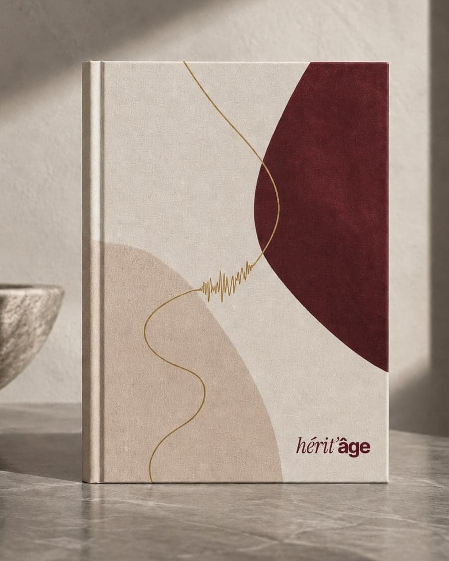 Le livre Hérit’âge, couverture Bordeaux, posé sur une table en pierre : formes abstraites et fil doré en onde sonore
