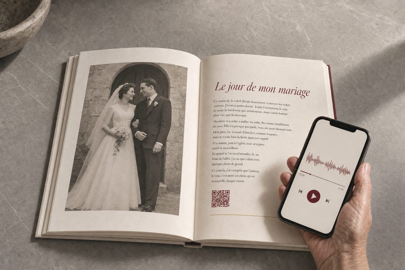 Livre Hérit’âge ouvert sur le chapitre « Le jour de mon mariage » ; un téléphone lit l’enregistrement après le scan du QR code