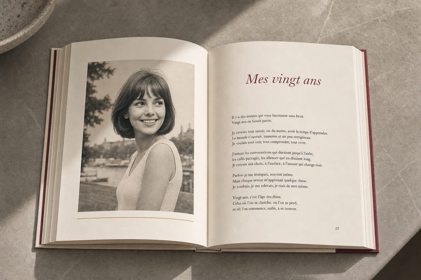 Livre Hérit’âge ouvert : à gauche une photo de jeunesse en noir et blanc, à droite le chapitre « Mes vingt ans »