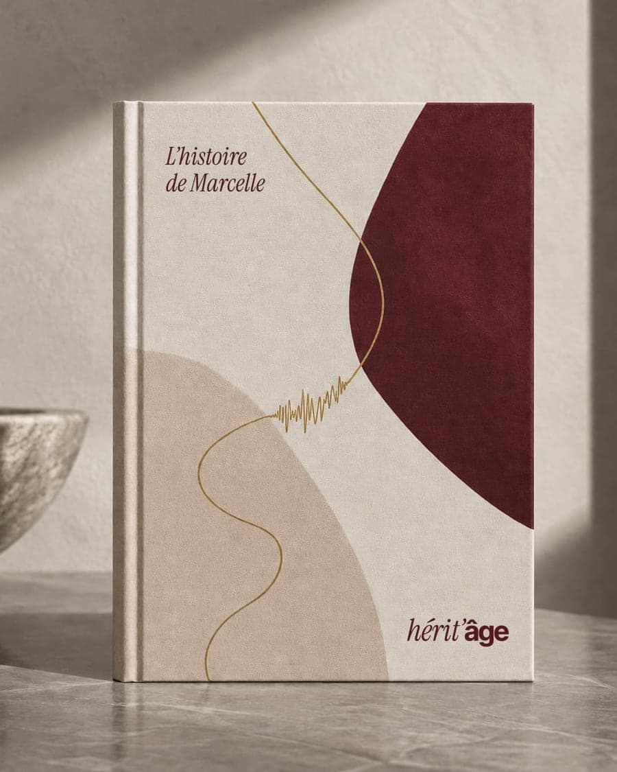 Livre Hérit’âge posé sur une table en pierre : couverture crème, forme bordeaux et fil doré en onde sonore, titre « L’histoire de Marcelle »
